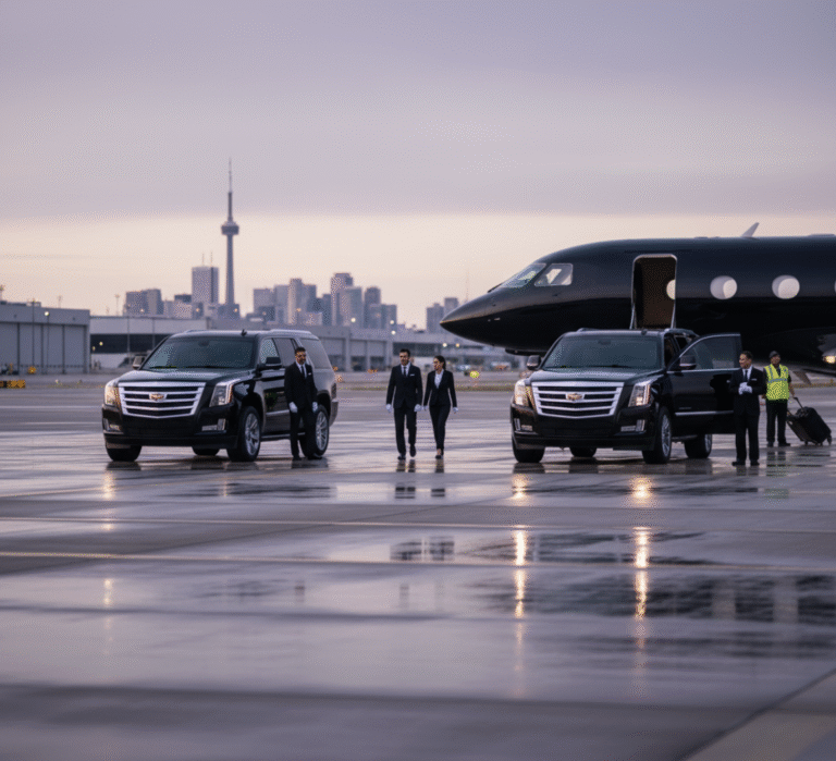 Luxury chauffeur service at Skyservice Business Aviation Toronto a private jet runway in Toronto. a Cadillac Escalade await VIP clients arriving on a private jet for seamless ground transportation.