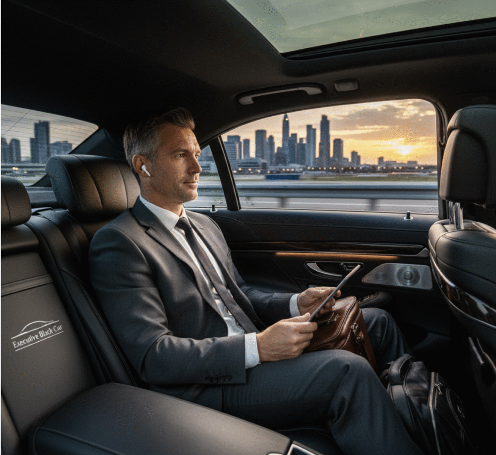 luxury sedan for a business traveler, signifying efficient executive terminal transfers and high-end corporate ground transportation.