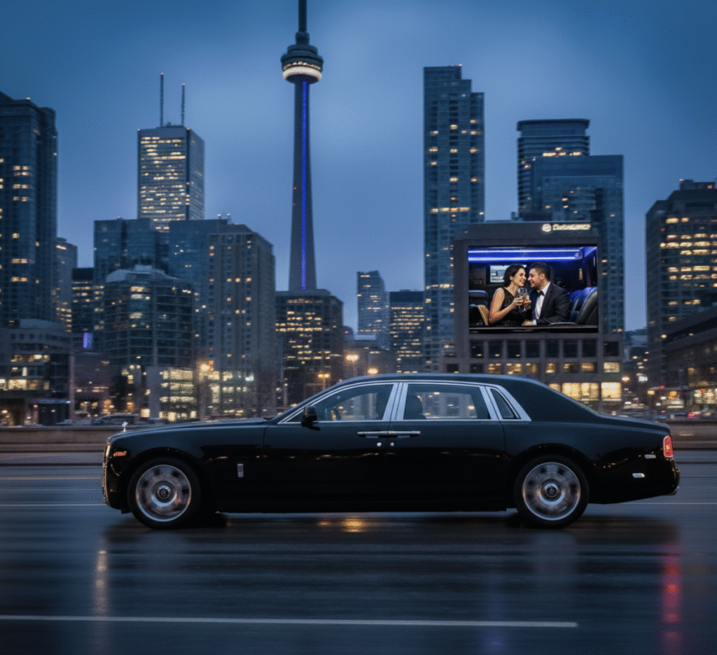 Limousine Services in Toronto A sleek black stretch limousine driving at night in the city of Toronto, with the illuminated downtown skyline and CN Tower visible in the background.